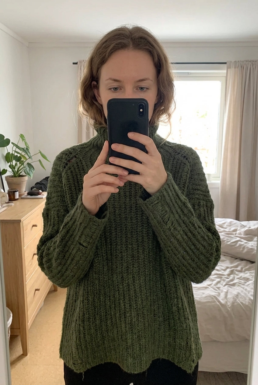 Pull d hiver Zara debout, face à la caméra, dans une chambre à la lumière douce, avec une lumière naturelle filtrant par la fenêtre.