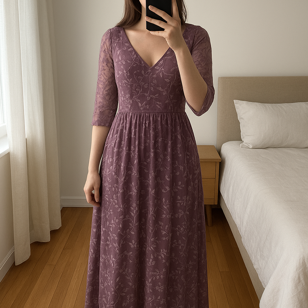 Robe violette debout, face à la caméra, dans une chambre à la lumière douce, avec une lumière naturelle filtrant par la fenêtre.