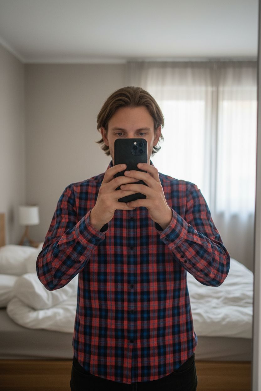 Chemise à carreaux Seidensticker XL debout, face à la caméra, dans une chambre à la lumière douce, avec une lumière naturelle filtrant par la fenêtre.
