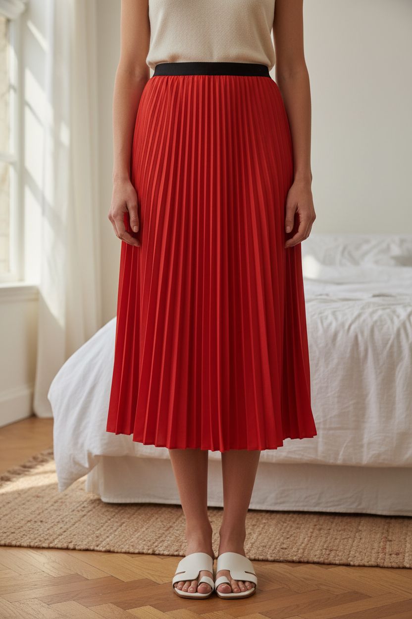 Red pleated skirt standing straight facing the camera, in a softly lit bedroom setting, with gentle natural light filtering through a window.