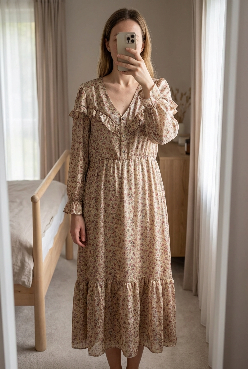 Robe boheme Stella & Suzie debout, face à la caméra, dans une chambre à la lumière douce, avec une lumière naturelle filtrant par la fenêtre.