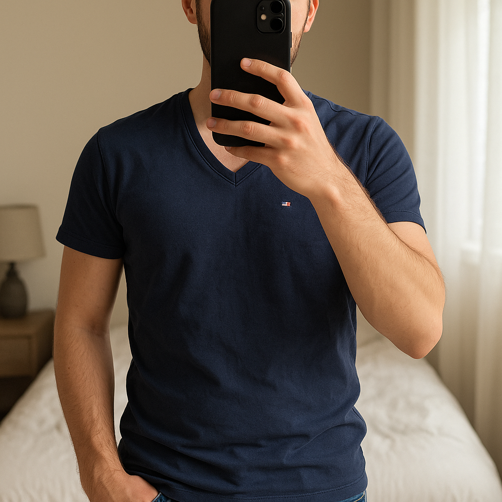 Tshirt col V Tommy Hilfiger debout, face à la caméra, dans une chambre à la lumière douce, avec une lumière naturelle filtrant par la fenêtre.