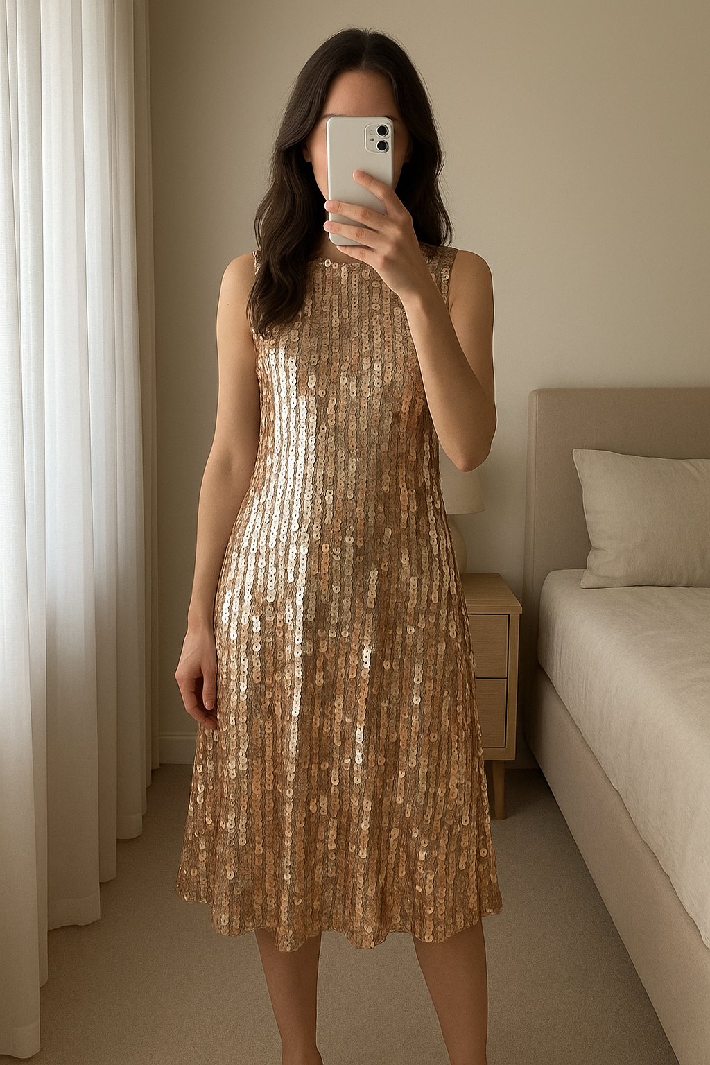 Gold Sequin Dress standing straight facing the camera, in a softly lit bedroom setting, with gentle natural light filtering through a window.