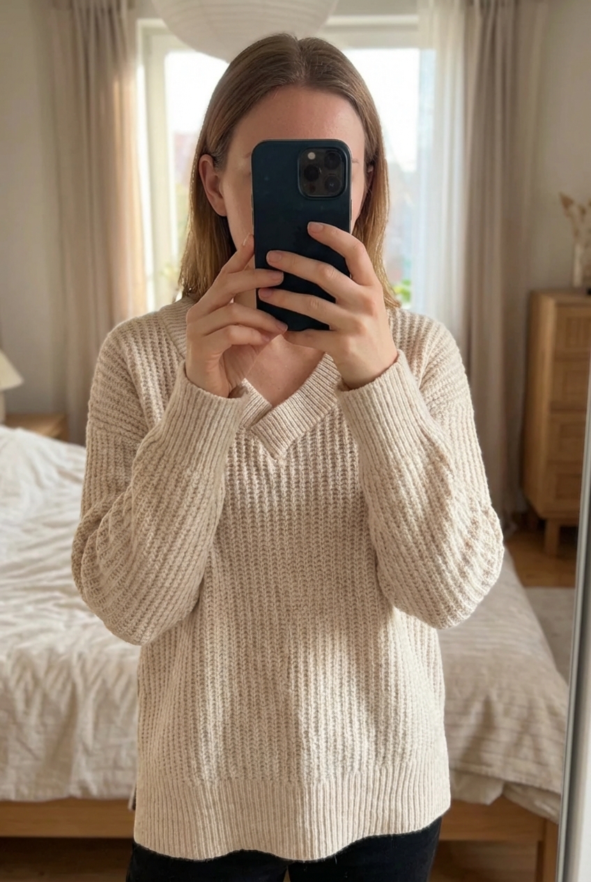 Una persona in Pull beige femme L XL Maglione donna in piedi, rivolto verso la fotocamera, in una camera da letto con luce soffusa e luce naturale che filtra dalla finestra.