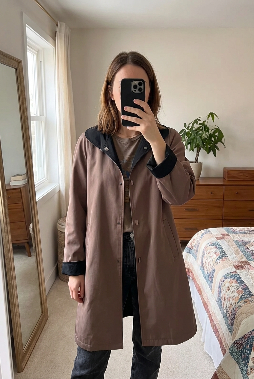 Manteau vintage - double face - Neuf debout, face à la caméra, dans une chambre à la lumière douce, avec une lumière naturelle filtrant par la fenêtre.