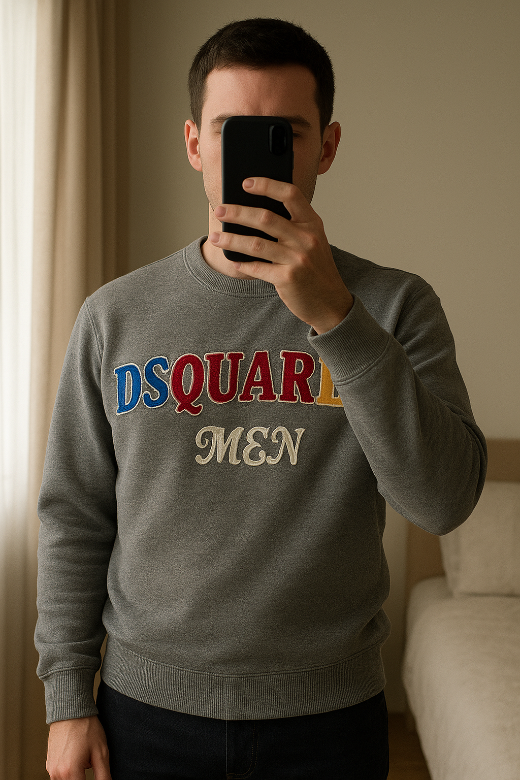 Pull Dsquared2 debout, face à la caméra, dans une chambre à la lumière douce, avec une lumière naturelle filtrant par la fenêtre.