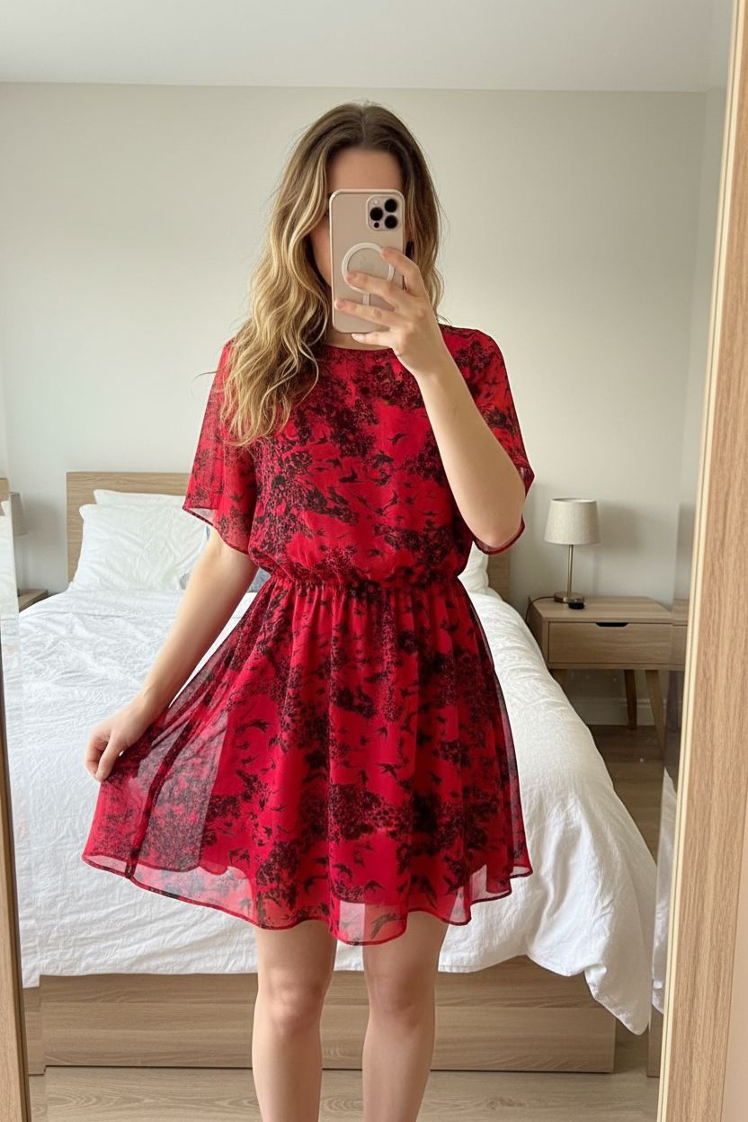 Poem by Oliver Bonas red black bird print chiffon dress UK 14 floaty feminine whimsigoth standing straight facing the camera, in a softly lit bedroom setting, with gentle natural light filtering through a window.