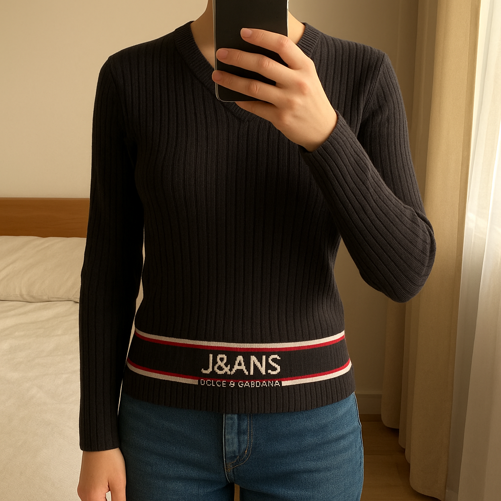 Maglione Dolce & Gabbana in piedi, rivolto verso la fotocamera, in una camera da letto con luce soffusa e luce naturale che filtra dalla finestra.