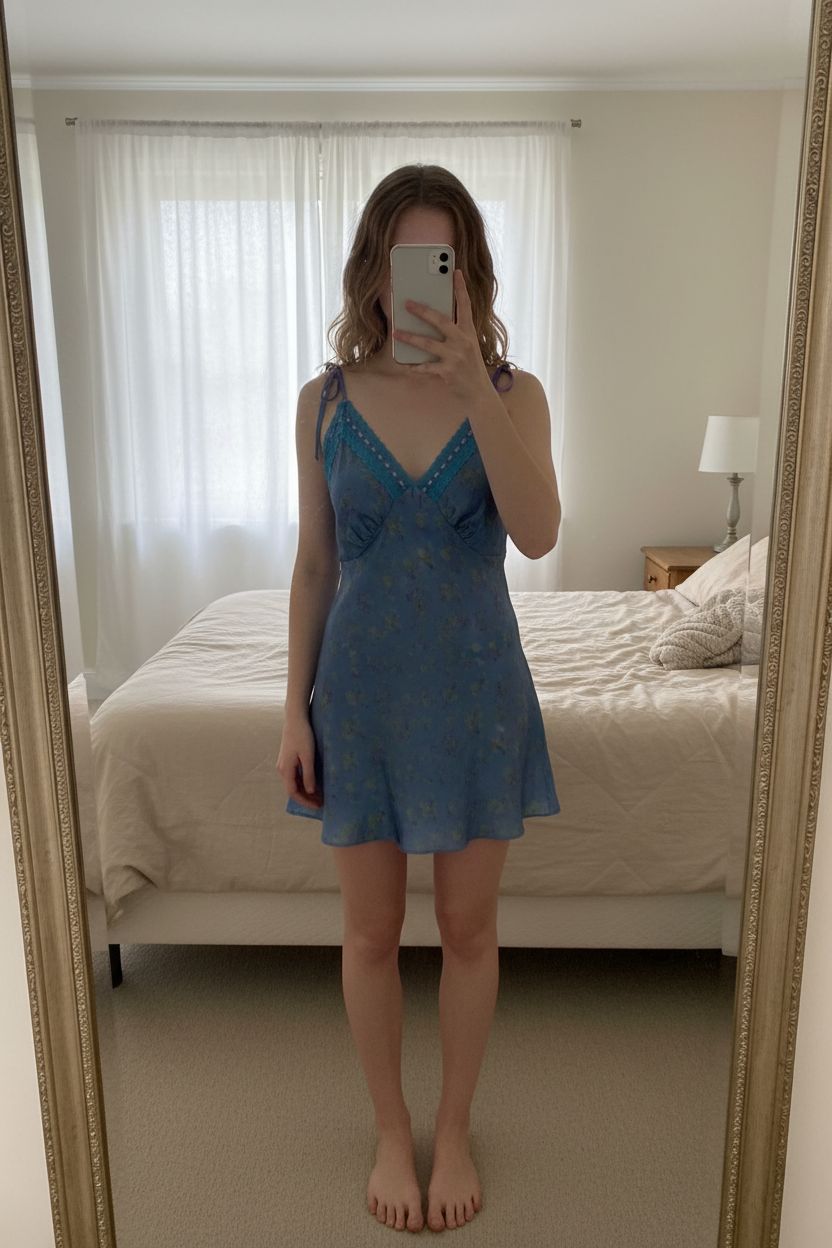Urban Outfitters satin slip dress size XS soft blue strappy lace trim whimsigoth fairycore Y2K standing straight facing the camera, in a softly lit bedroom setting, with gentle natural light filtering through a window.