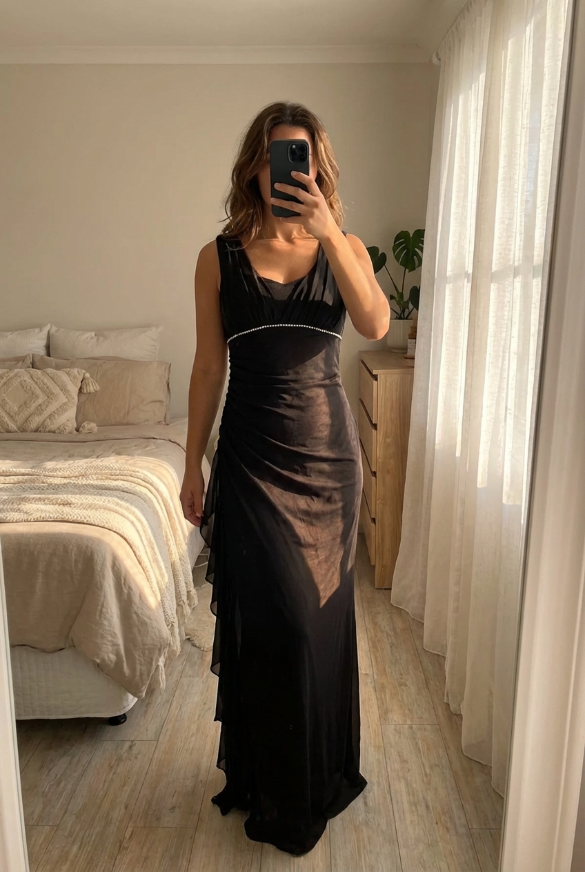 A person in Vintage Y2K Betsy & Adam black diamond maxi dres standing straight facing the camera, in a softly lit bedroom setting, with gentle natural light filtering through a window.