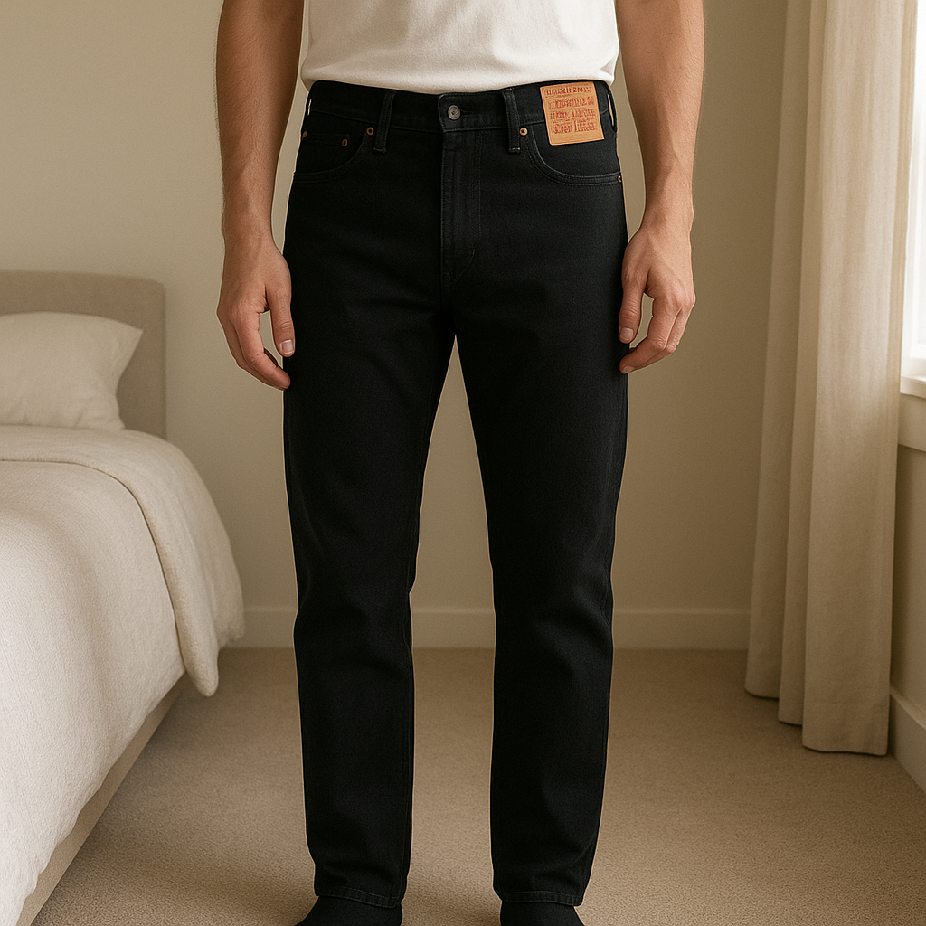 Jean Levi’s 502 Slim Regular/Ample W28FR38 L30 Homme Full Noir 98%Coton debout, face à la caméra, dans une chambre à la lumière douce, avec une lumière naturelle filtrant par la fenêtre.