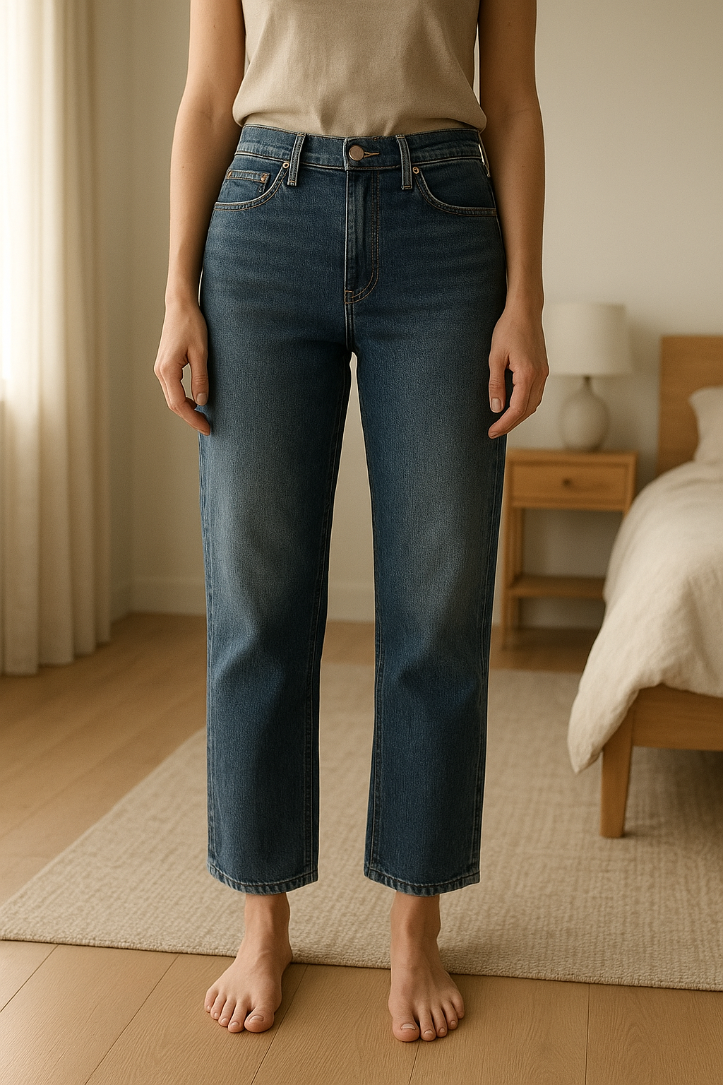 Zara hi-rise straight leg jeans standing straight facing the camera, in a softly lit bedroom setting, with gentle natural light filtering through a window.