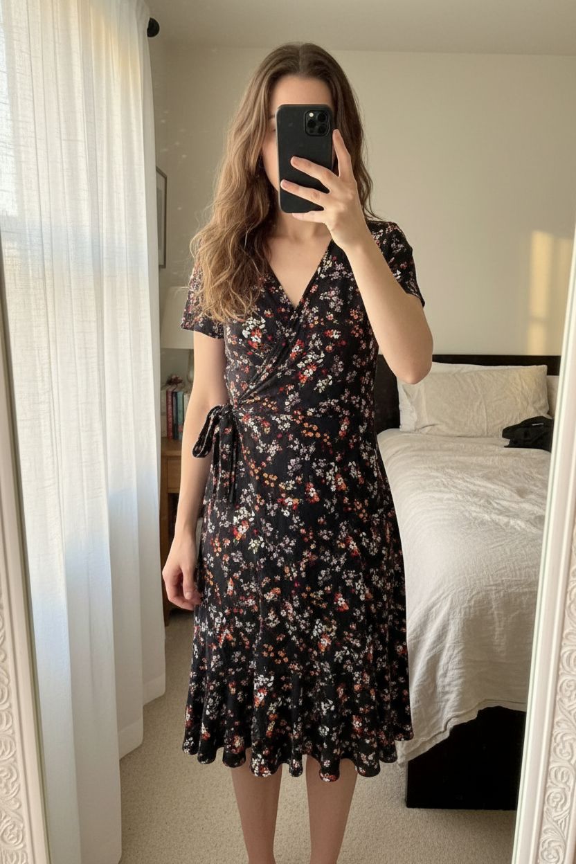 Robe d’été debout, face à la caméra, dans une chambre à la lumière douce, avec une lumière naturelle filtrant par la fenêtre.