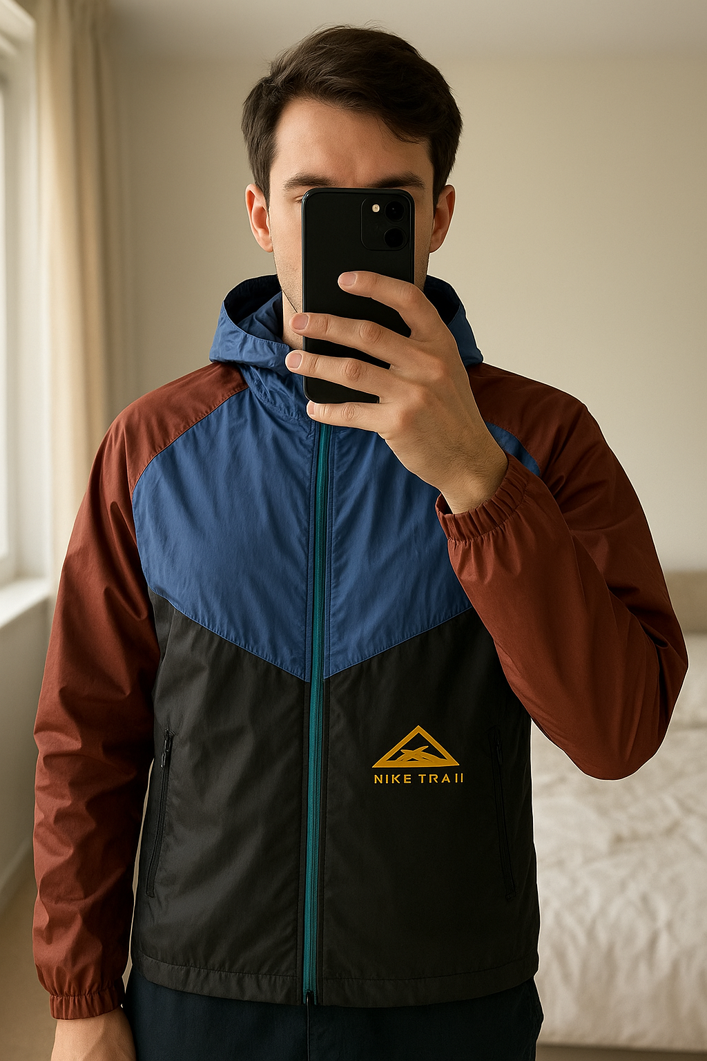 Veste nike trail rare taille L debout, face à la caméra, dans une chambre à la lumière douce, avec une lumière naturelle filtrant par la fenêtre.