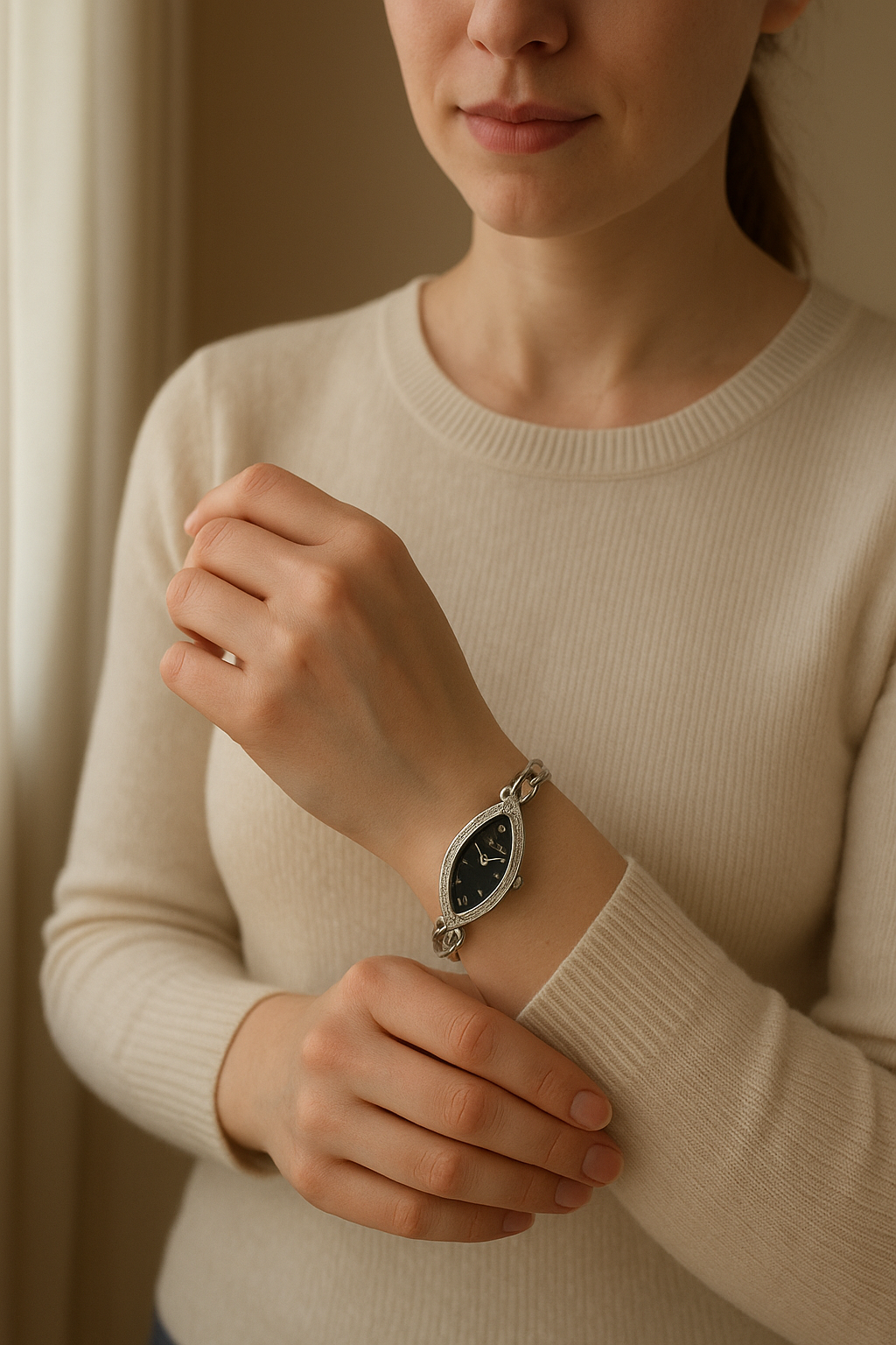 Montre élégante Fontenay debout, face à la caméra, dans une chambre à la lumière douce, avec une lumière naturelle filtrant par la fenêtre.
