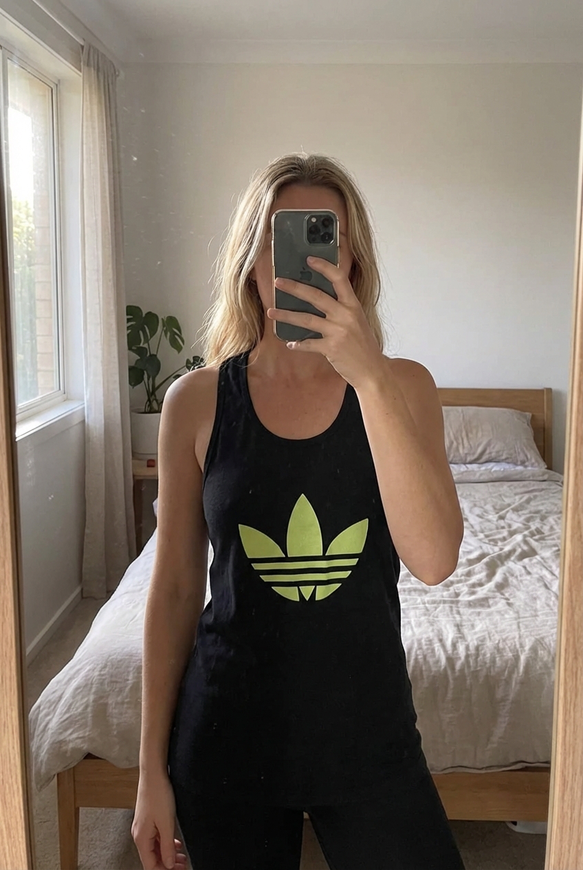 Debardeur femme addidas taille s debout, face à la caméra, dans une chambre à la lumière douce, avec une lumière naturelle filtrant par la fenêtre.