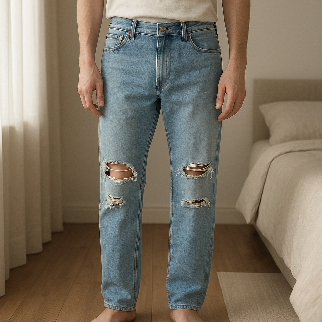 Une personne en Jean troué délavé debout, face à la caméra, avec une silhouette fine, dans une chambre à la lumière douce, avec une lumière naturelle filtrant par la fenêtre.