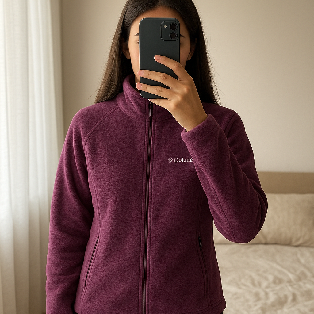 Veste polaire Columbia Violet XL debout, face à la caméra, dans une chambre à la lumière douce, avec une lumière naturelle filtrant par la fenêtre.