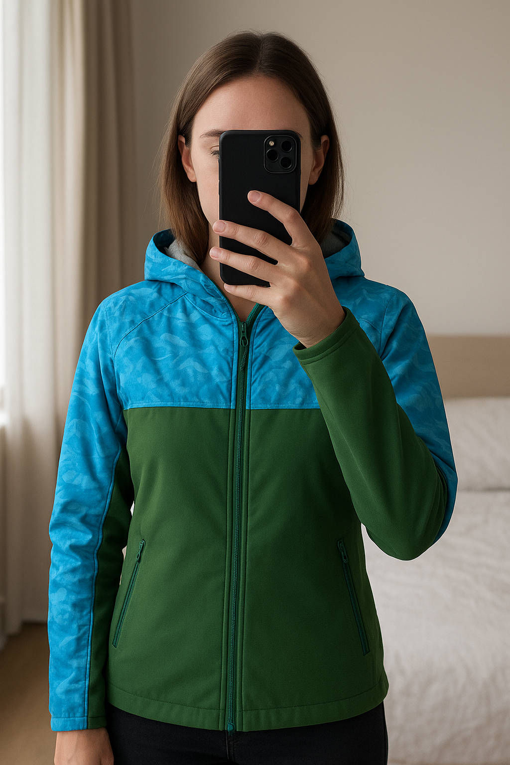 Adidas tracksuit top medium standing straight facing the camera, in a softly lit bedroom setting, with gentle natural light filtering through a window.