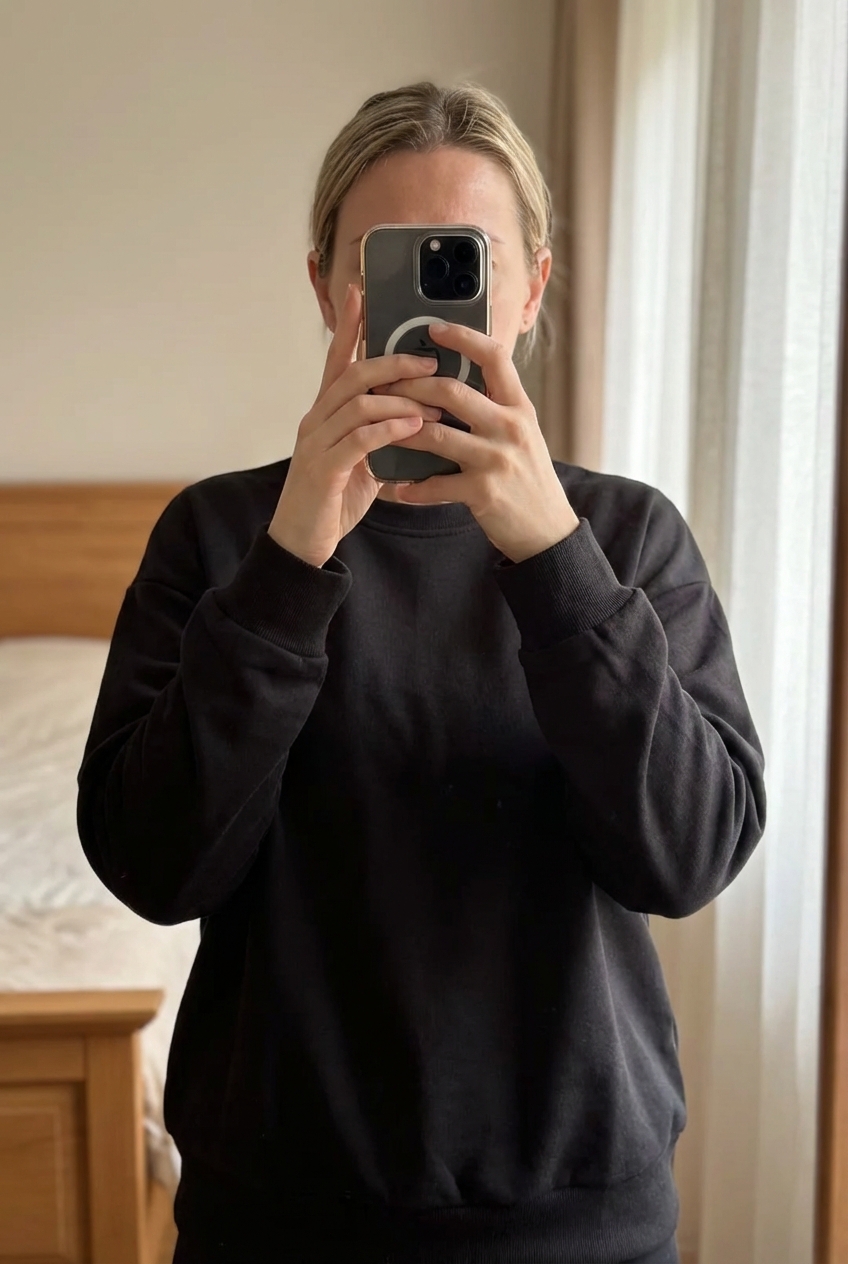 Sweat court femme Kiabi L debout, face à la caméra, dans une chambre à la lumière douce, avec une lumière naturelle filtrant par la fenêtre.