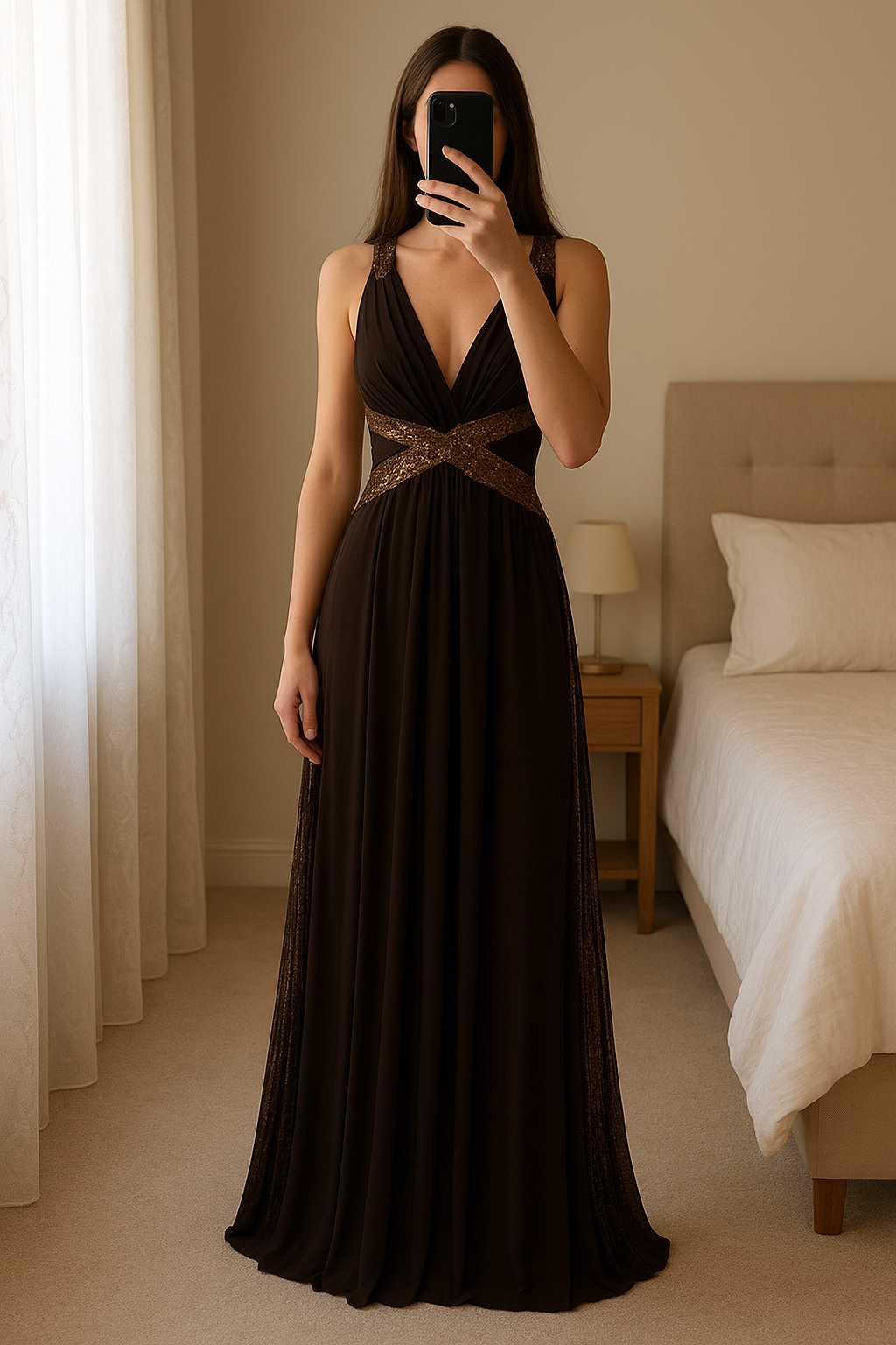 Vestito elegante lungo Lusso, di Impero couture, misura 50 . Mai indossato. in piedi, rivolto verso la fotocamera, in una camera da letto con luce soffusa e luce naturale che filtra dalla finestra.