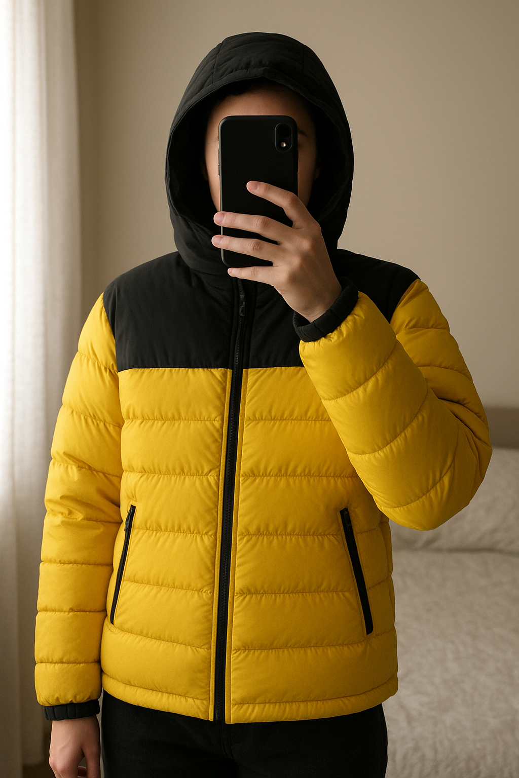 Manteau debout, face à la caméra, dans une chambre à la lumière douce, avec une lumière naturelle filtrant par la fenêtre.