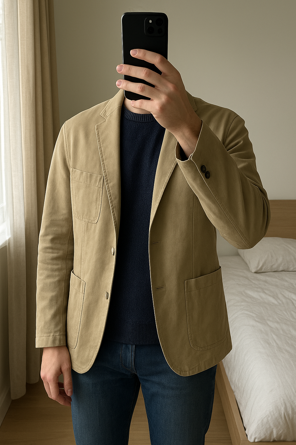 Veste beige Cambridge debout, face à la caméra, dans une chambre à la lumière douce, avec une lumière naturelle filtrant par la fenêtre.