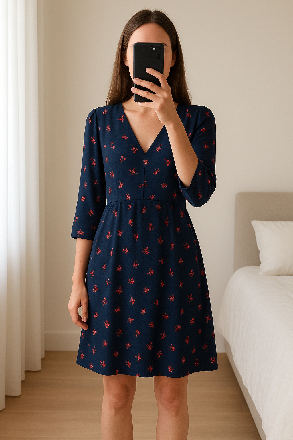 Robe manche 3/4 debout, face à la caméra, dans une chambre à la lumière douce, avec une lumière naturelle filtrant par la fenêtre.