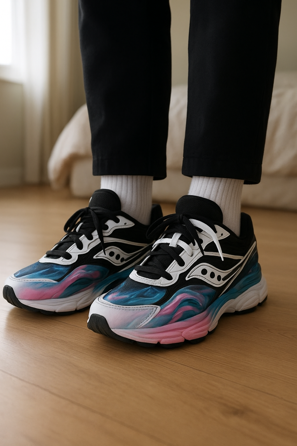 Basket saucony debout, face à la caméra, dans une chambre à la lumière douce, avec une lumière naturelle filtrant par la fenêtre.