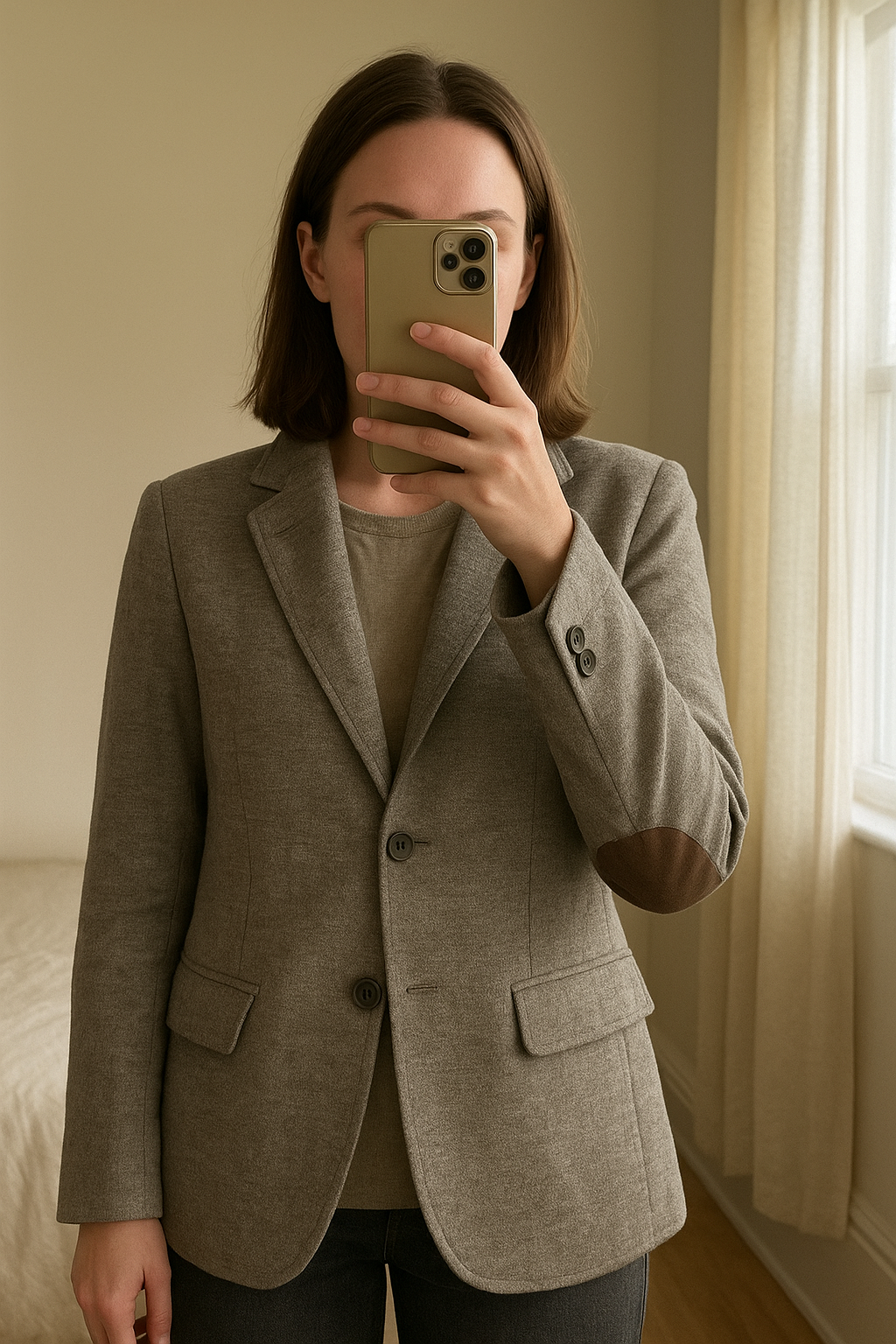 Veste de blazer - femme debout, face à la caméra, dans une chambre à la lumière douce, avec une lumière naturelle filtrant par la fenêtre.