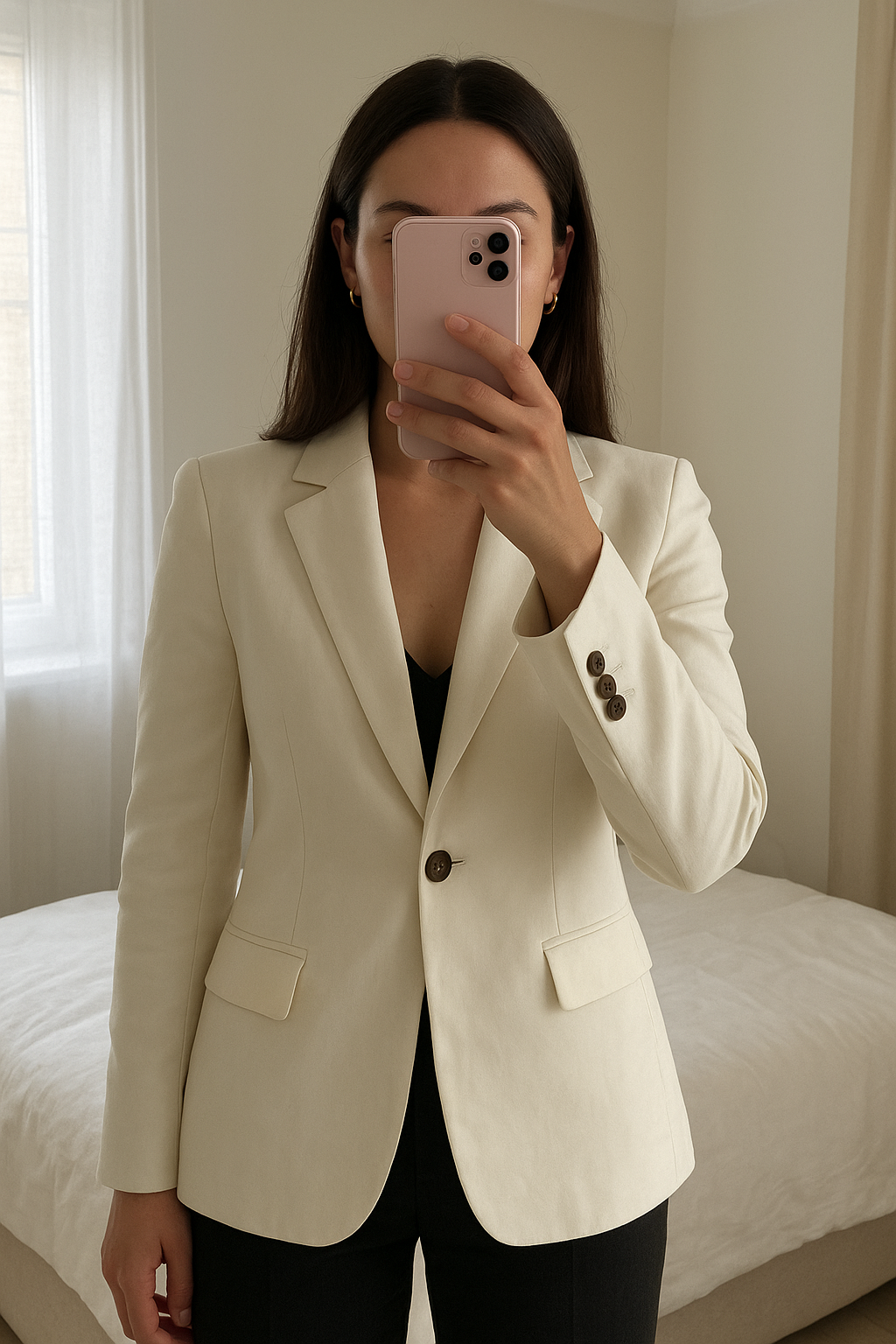 Sublime blazer Zara debout, face à la caméra, dans une chambre à la lumière douce, avec une lumière naturelle filtrant par la fenêtre.