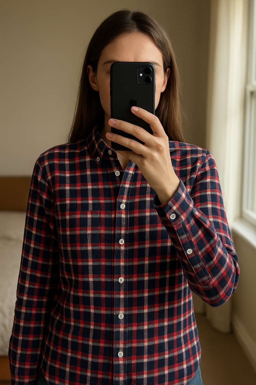 Chemise enfant 4 ans debout, face à la caméra, dans une chambre à la lumière douce, avec une lumière naturelle filtrant par la fenêtre.