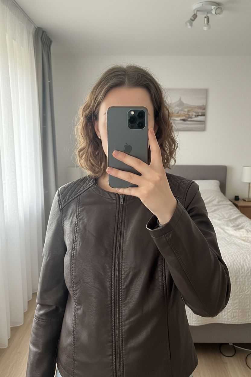 Veste simili cuir marron taille 40 debout, face à la caméra, dans une chambre à la lumière douce, avec une lumière naturelle filtrant par la fenêtre.
