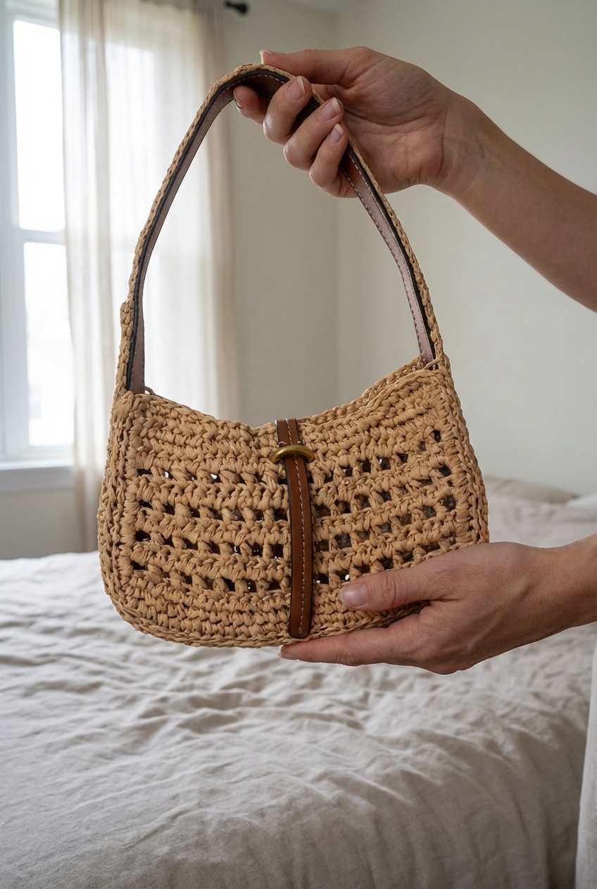 Sac à main osier debout, face à la caméra, dans une chambre à la lumière douce, avec une lumière naturelle filtrant par la fenêtre.