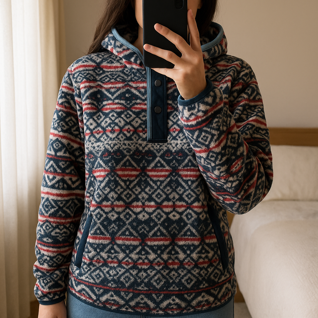 Polaire Columbia Aztec Vintage Fleece AX1382 Unisexe – Taille XS ou 14/15 ans (170 cm) debout, face à la caméra, dans une chambre à la lumière douce, avec une lumière naturelle filtrant par la fenêtre.