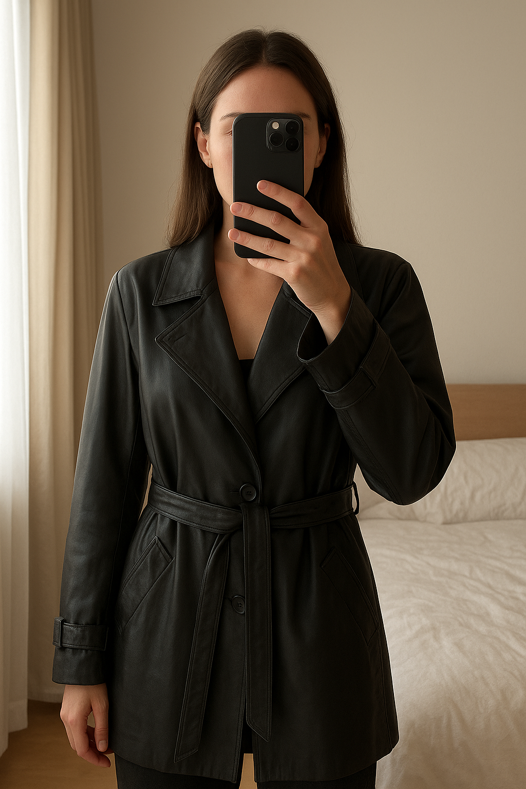 Trench d été Femme debout, face à la caméra, dans une chambre à la lumière douce, avec une lumière naturelle filtrant par la fenêtre.