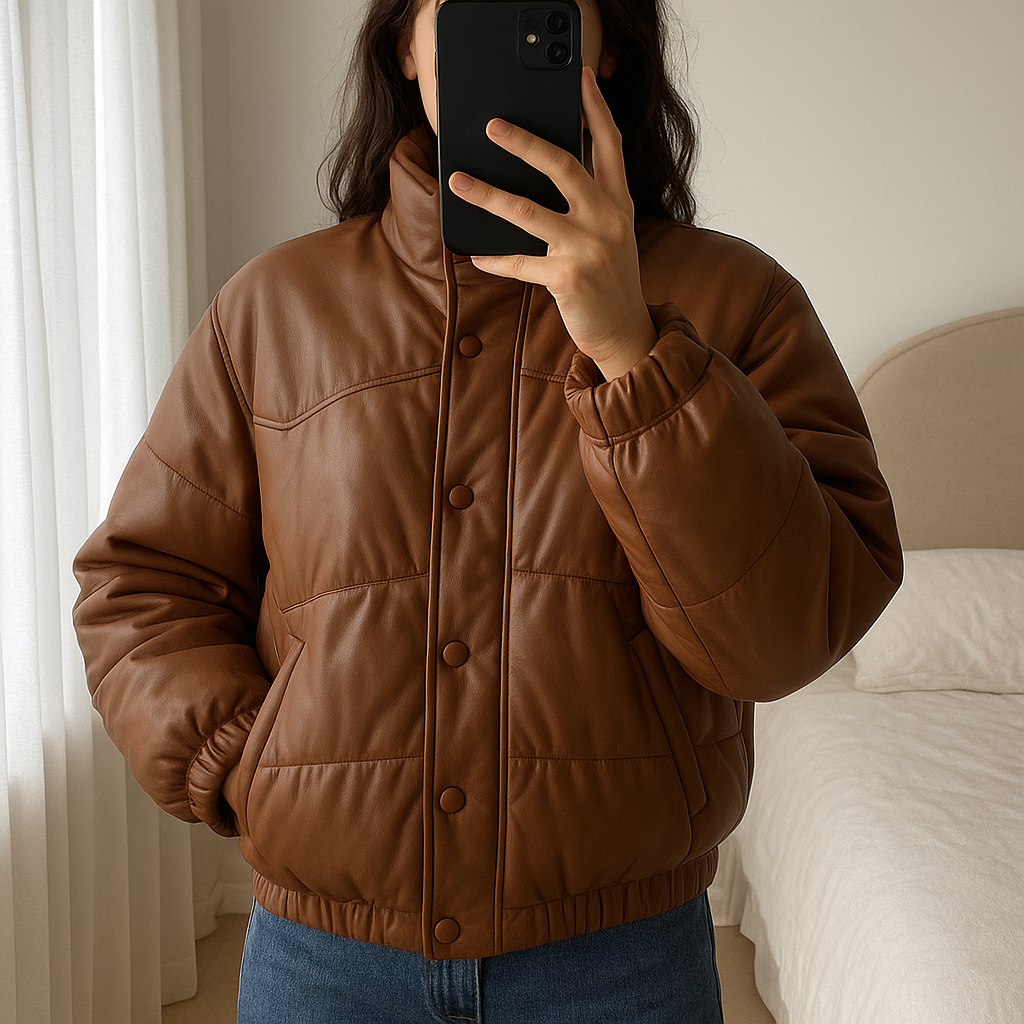 Blouson bomber doudoune oversized hiver veste courte chaude simili cuir marron Zara taille S debout, face à la caméra, dans une chambre à la lumière douce, avec une lumière naturelle filtrant par la fenêtre.