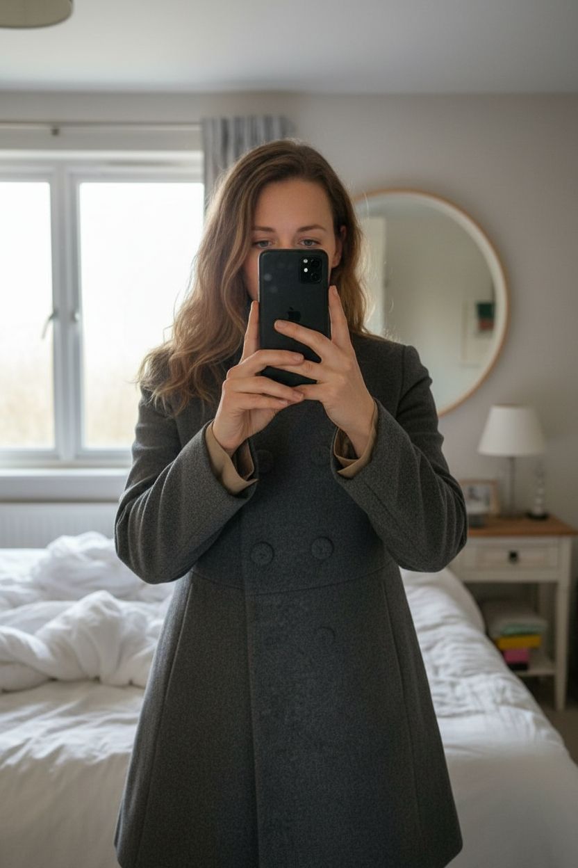 Manteau en laine et cachemire debout, face à la caméra, dans une chambre à la lumière douce, avec une lumière naturelle filtrant par la fenêtre.