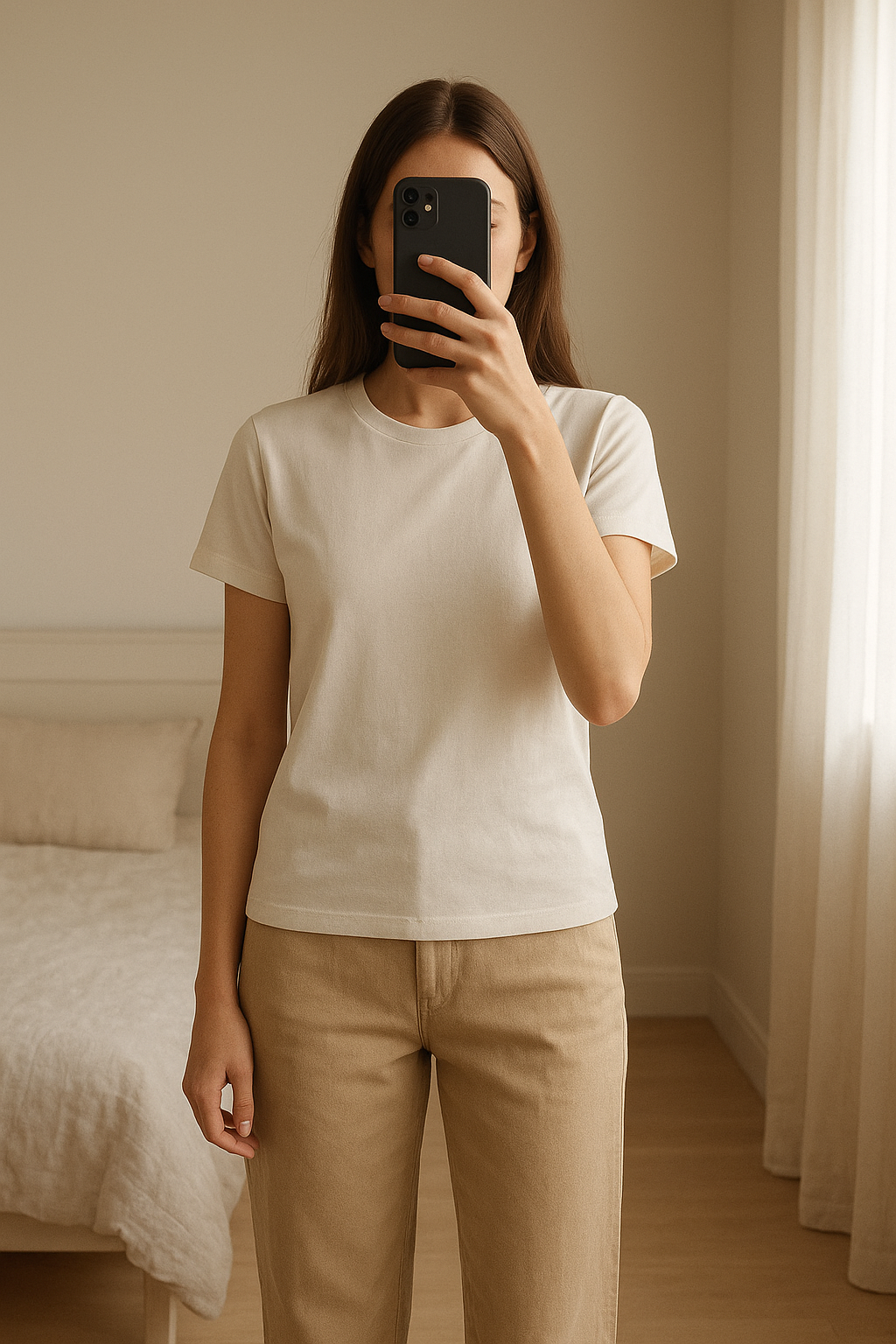 Mirroir de maquillage grossissant 💄 debout, face à la caméra, dans une chambre à la lumière douce, avec une lumière naturelle filtrant par la fenêtre.