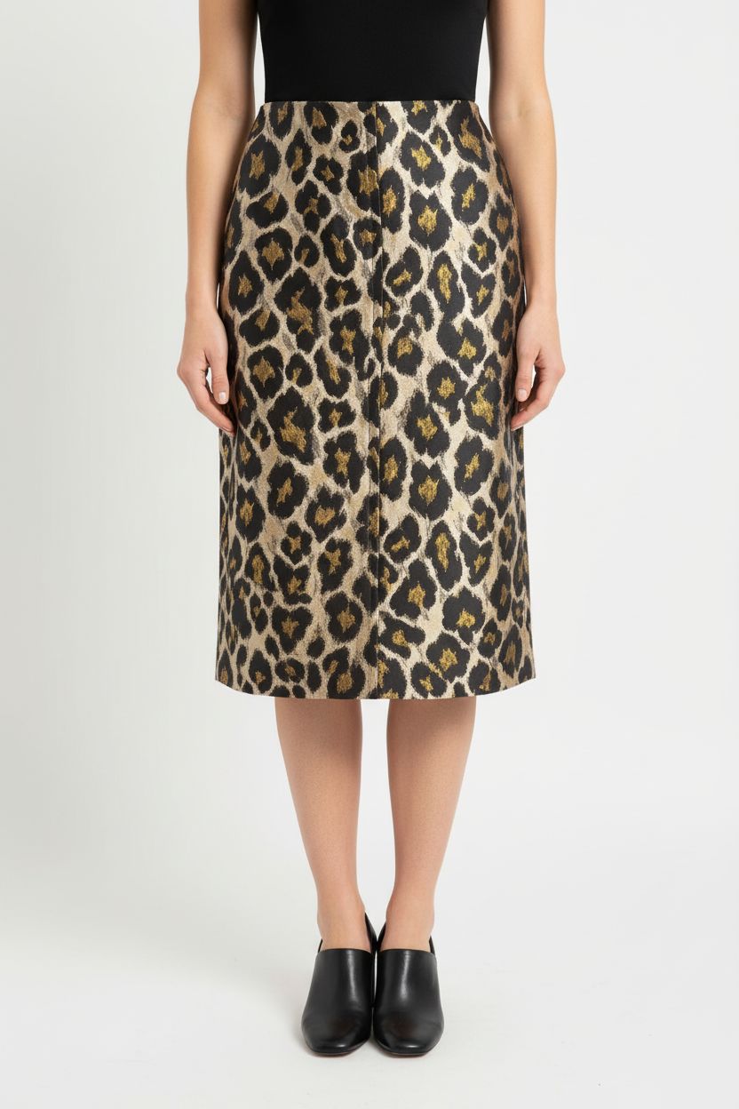A person in Sezane Elaine leopard jacquard skirt midi 14 standing straight facing the camera, in a clean photo studio with seamless white backdrop and softbox lighting.