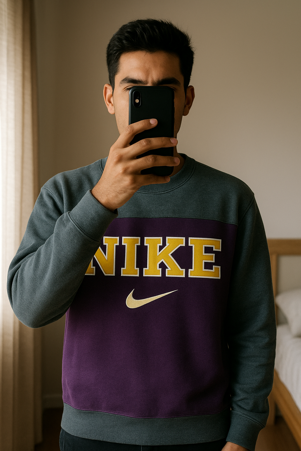 Une personne en Sweat Nike Rework rare 🇺🇸 debout, face à la caméra, dans une chambre à la lumière douce, avec une lumière naturelle filtrant par la fenêtre.