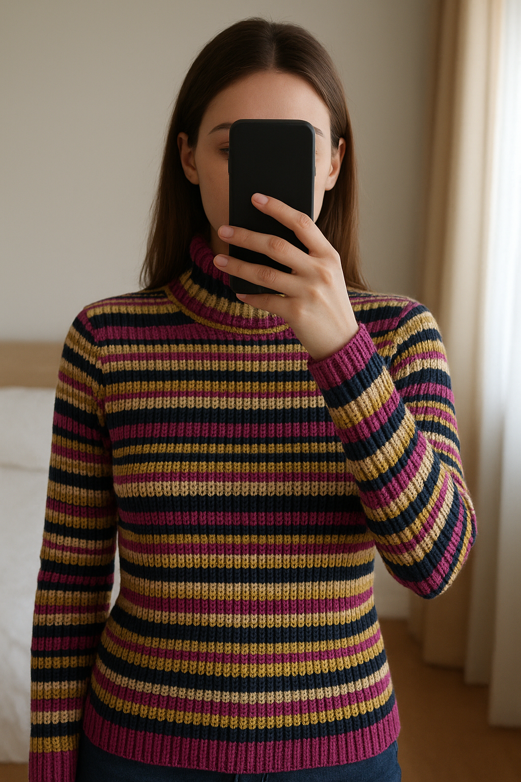 Fleurige coltrui - Etam - maat 38/M - Nieuw debout, face à la caméra, dans une chambre à la lumière douce, avec une lumière naturelle filtrant par la fenêtre.