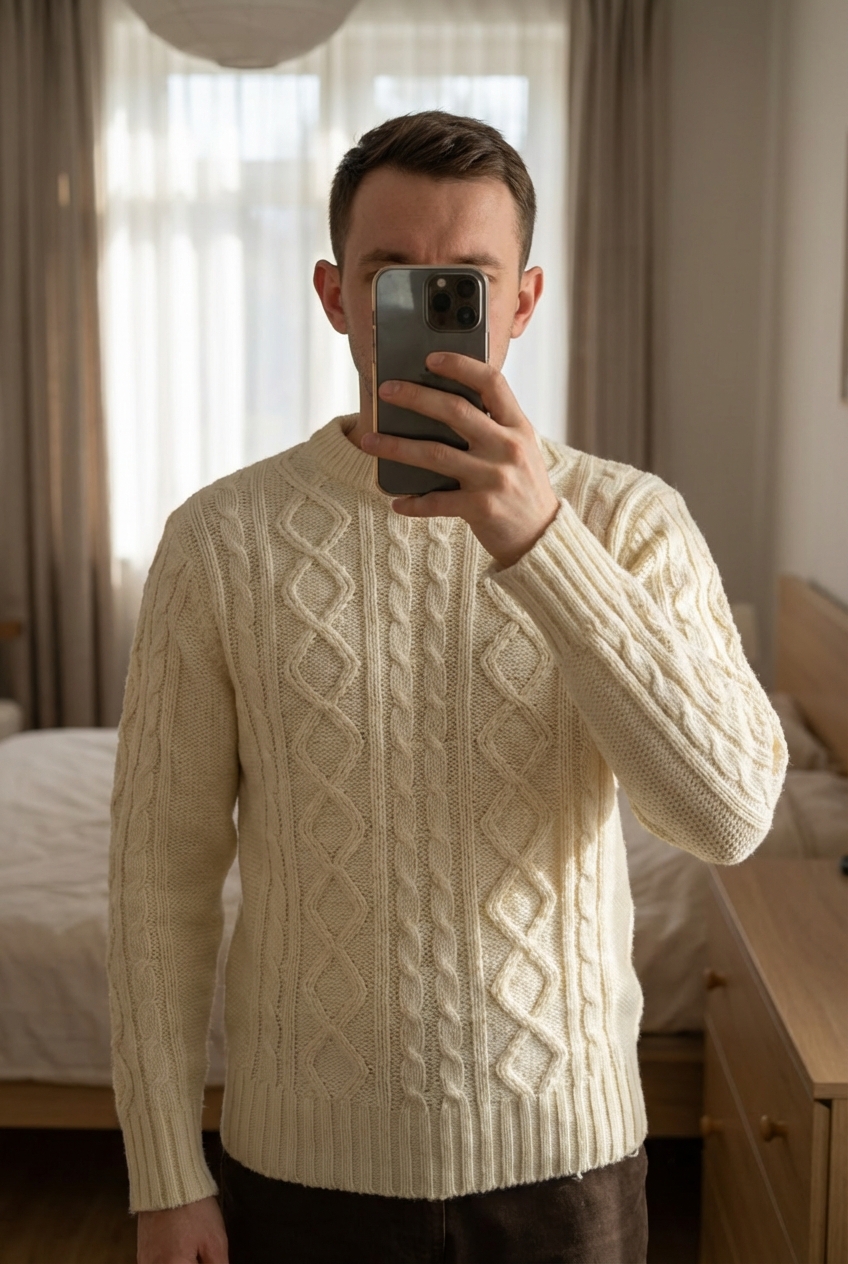 Pull Fait Main Tricot Aran Sweater 100% Acrylique Beige Crème Aran Craft M debout, face à la caméra, dans une chambre à la lumière douce, avec une lumière naturelle filtrant par la fenêtre.