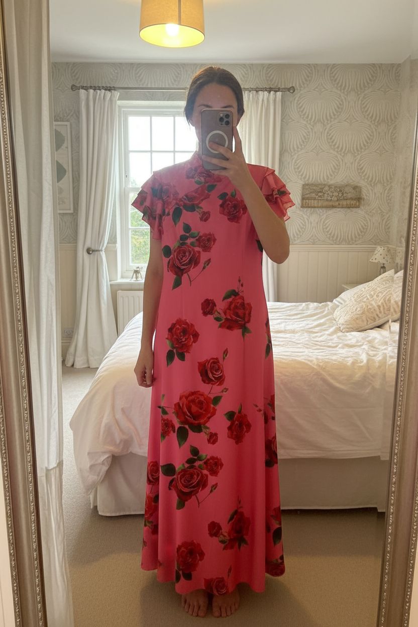Pink floral mandarin collar dress 10 standing straight facing the camera, in a softly lit bedroom setting, with gentle natural light filtering through a window.