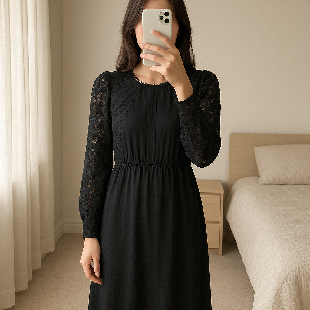 Next black dress (gothic style maxi full length) standing straight facing the camera, in a softly lit bedroom setting, with gentle natural light filtering through a window.