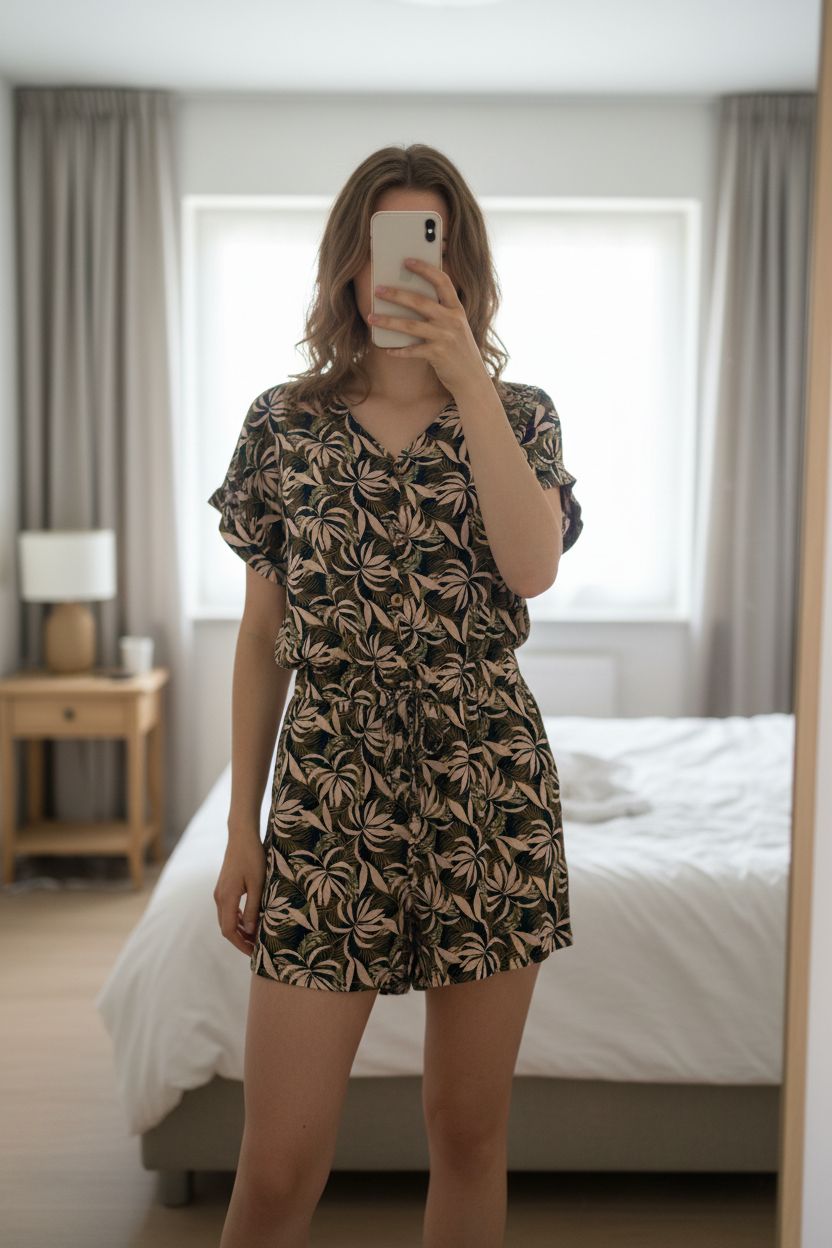 Combi short taille 38 motif tropical debout, face à la caméra, dans une chambre à la lumière douce, avec une lumière naturelle filtrant par la fenêtre.
