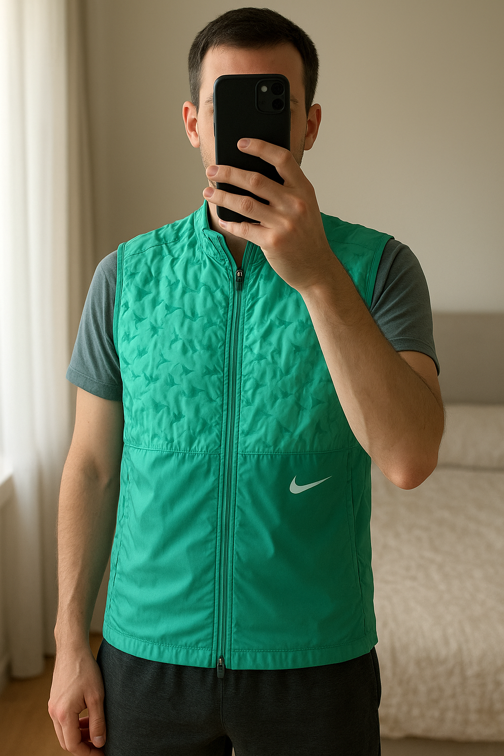 Veste Nike therma fit vert taille M (taille petit) debout, face à la caméra, dans une chambre à la lumière douce, avec une lumière naturelle filtrant par la fenêtre.