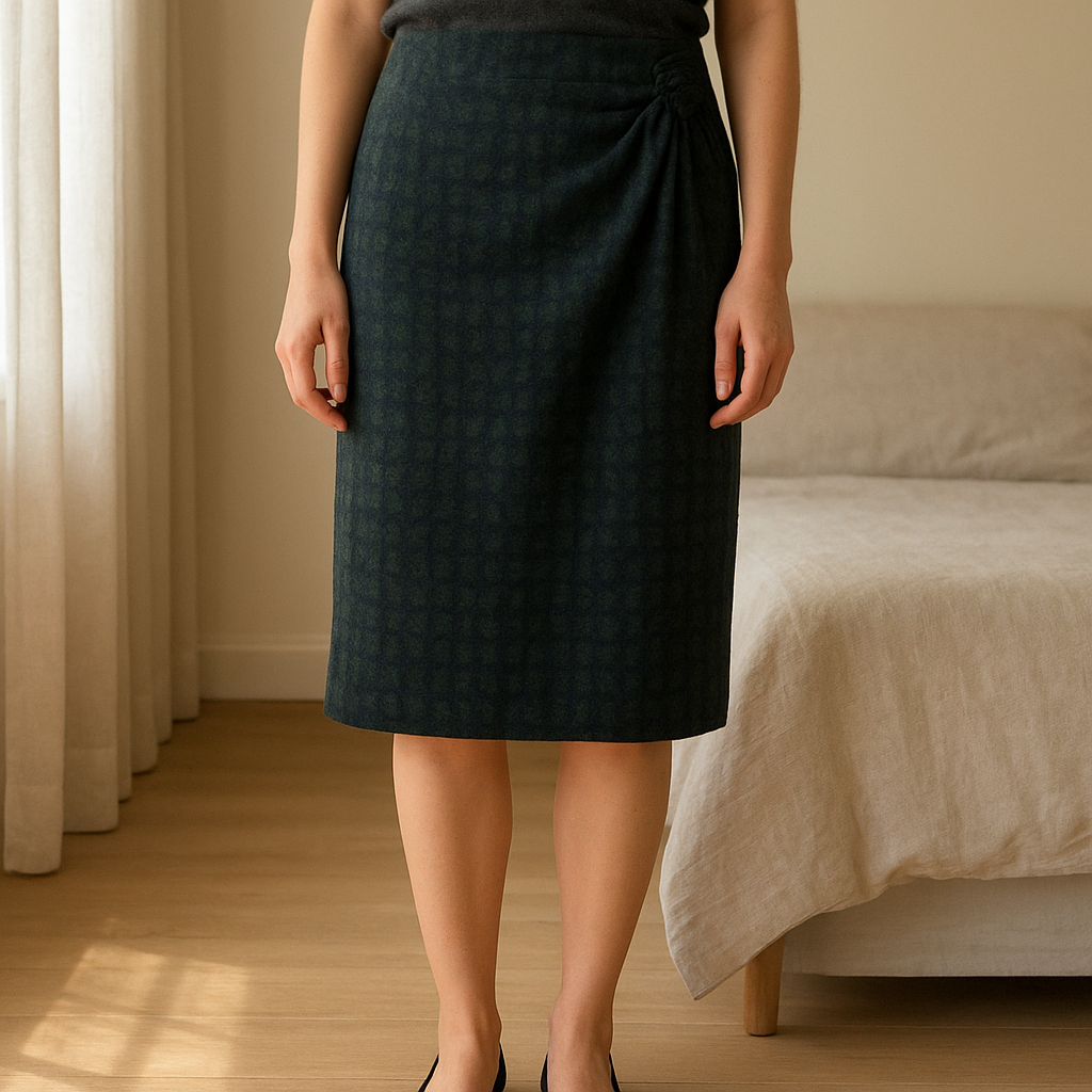 Karen Millen Skirt - Black & Grey Wool Size 10 standing straight facing the camera, in a softly lit bedroom setting, with gentle natural light filtering through a window.