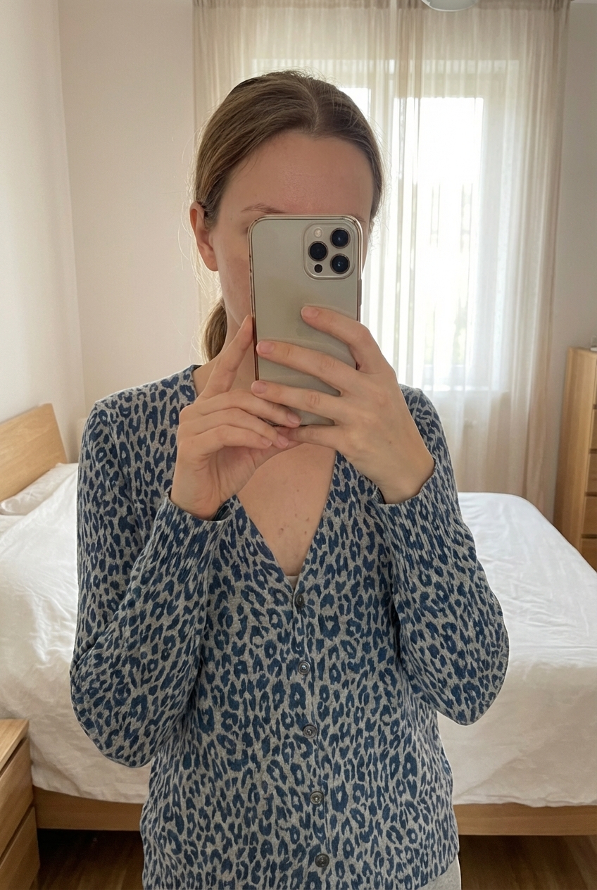 Cardigan Vintage Y2K 100% Coton GAP Motif léopard L debout, face à la caméra, dans une chambre à la lumière douce, avec une lumière naturelle filtrant par la fenêtre.