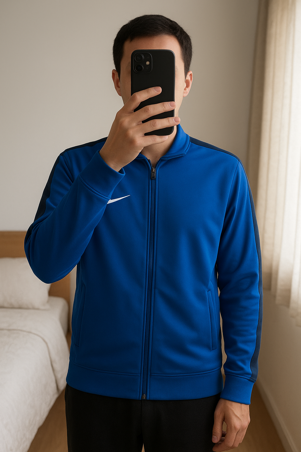 Veste Nike Dri-FIT – Bleu royal – Taille M debout, face à la caméra, dans une chambre à la lumière douce, avec une lumière naturelle filtrant par la fenêtre.